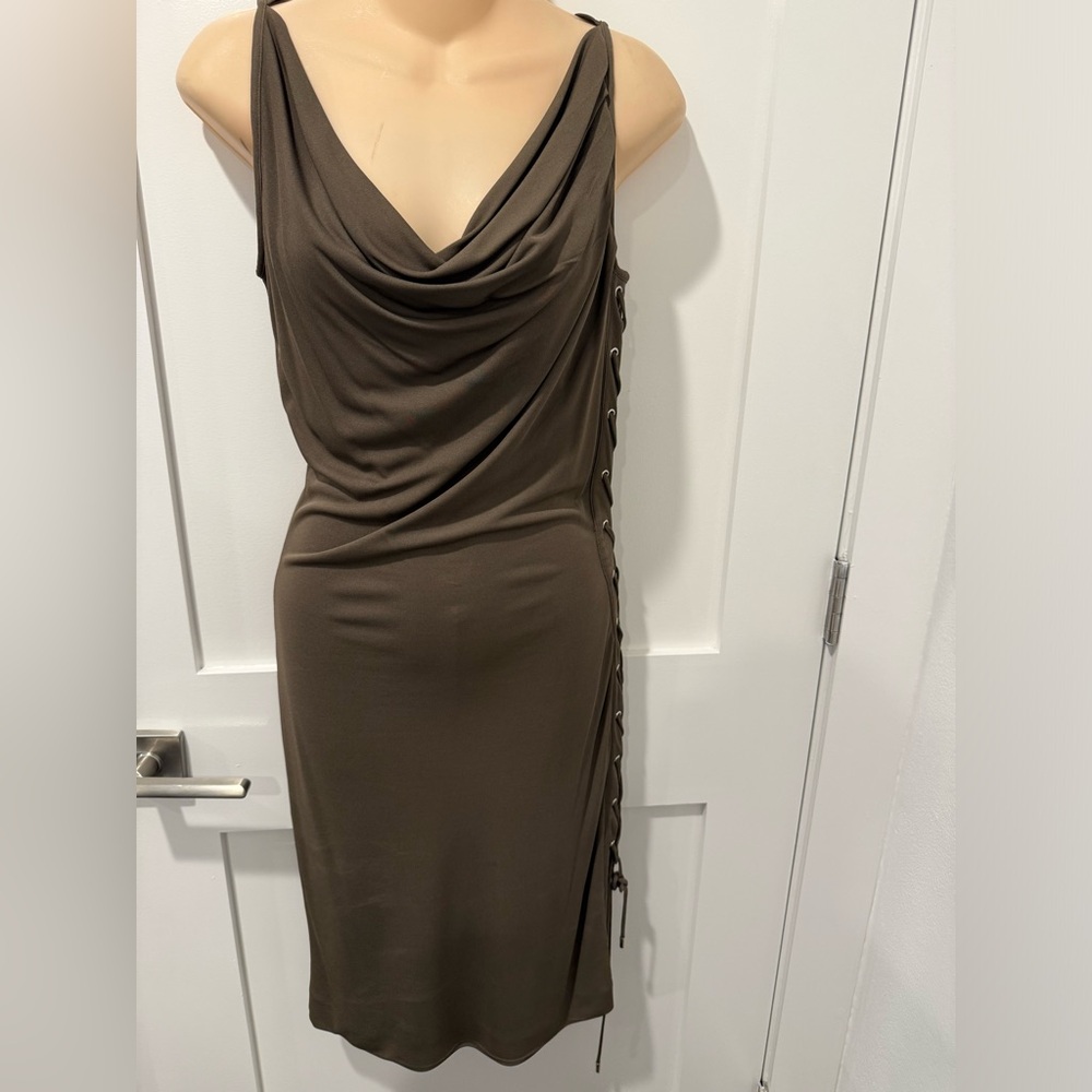 Gorgeous Gucci Taupe cowl neck dress with lace up side